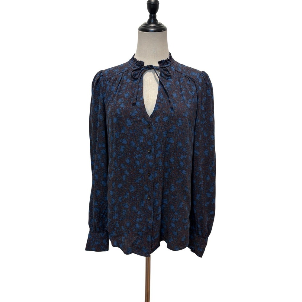 Hinge Anthropologie Peasent Top Sz S Navy Blown Floral Neck Tie Boho Romantic